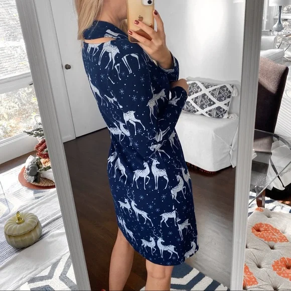 π KALEIDOSCOPE NAVY WHITE REINDEER 2-PIECE PAJAMA SCARF SET! - Picture 3 of 13